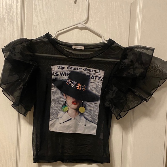 Occasion Tops - Occasion Black Sheer Ruffle Sleeve Graphic Top